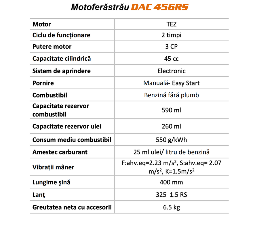 Drujba pe benzina Ruris DAC 456RS, putere 3 CP 45 CC, motor 2 timpi, lungime sina 40 cm, lant 325 1.5 RS