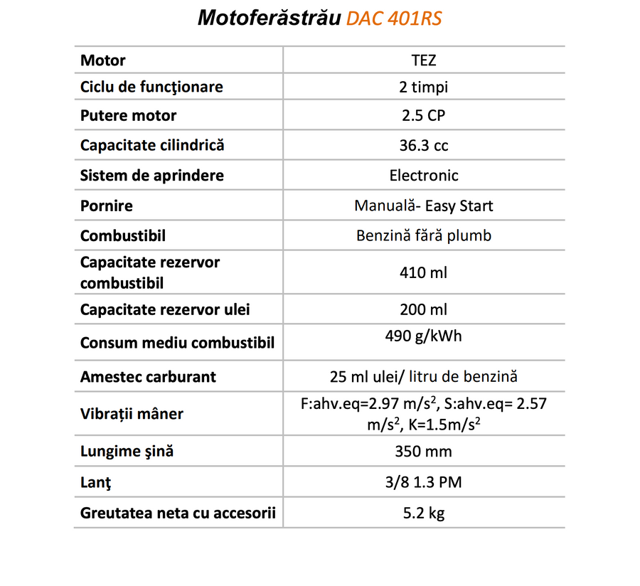 Drujba pe benzina Ruris DAC 401RS, putere 2,5 CP 36.3 CC, motor 2 timpi, lungime sina 35 cm, lant 325 1.5 RS