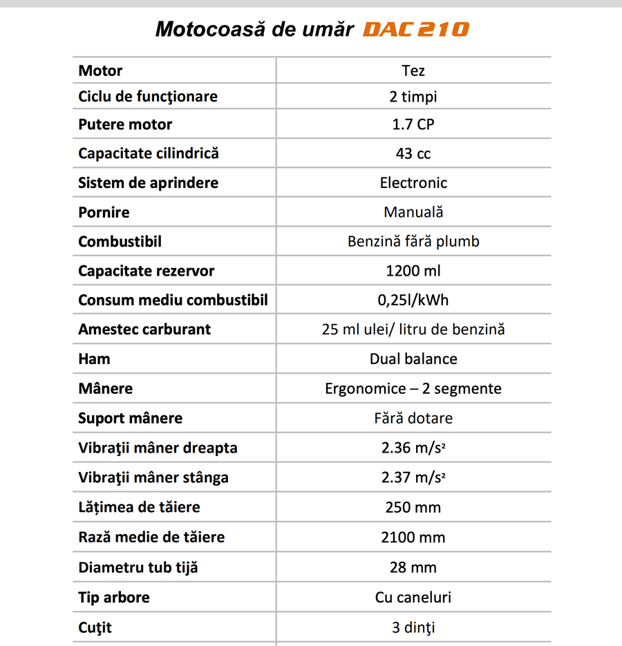 Motocositoare pe benzina Ruris DAC 210, putere 1.7CP 43CC, motor 2 timpi, diametru tija 28mm, cutit 3 dinti