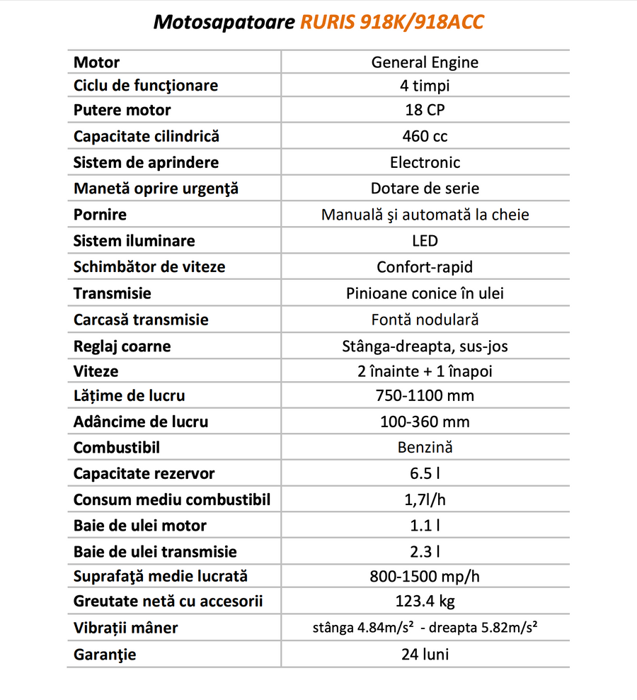 Motosăpătoare profesională RURIS 918K, 18 CP, 460 cc, pornire electrică la cheie, sistem iluminat LED + accesorii