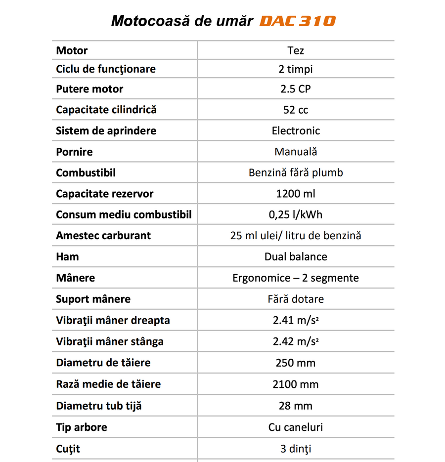 Motocositoare pe benzina Ruris DAC 310, putere 2.5CP 52CC, motor 2 timpi, diametru tija 28mm, cutit 3 dinti