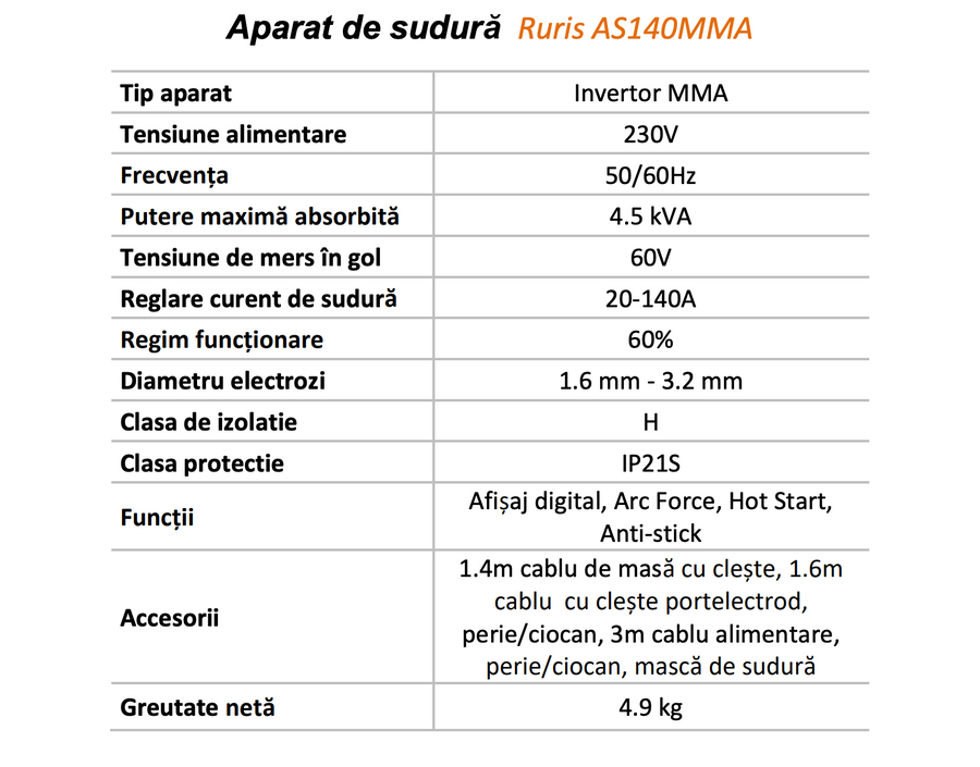 Invertor sudură MMA, Ruris AS140MMA, 140 A, electrozi 1.6 - 3.2 mm