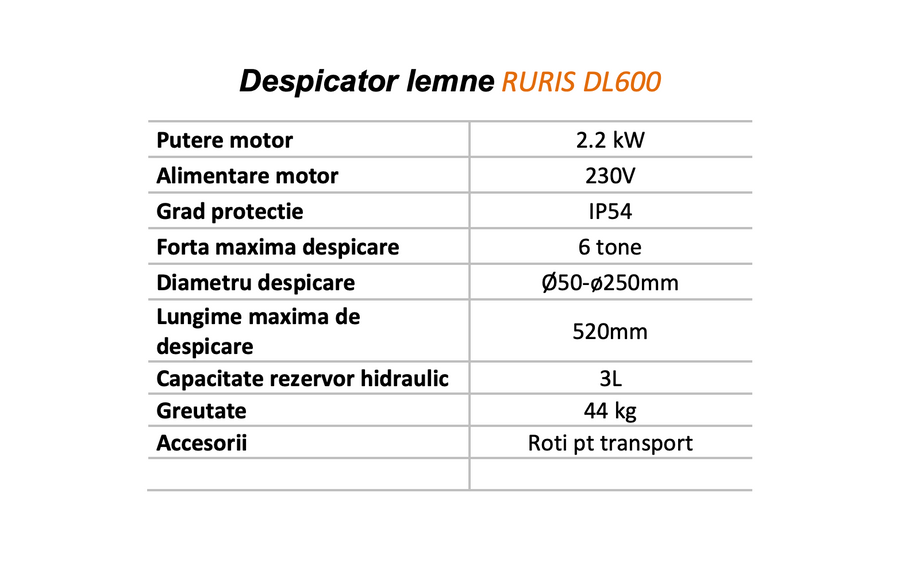 Despicător lemne hidraulic, Ruris DL600, orizontal, 6 tone, electric, 2200 W, diametru lemn despicat maxim 250 mm