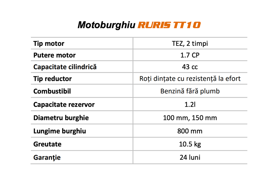 Motoburghiu, Ruris TT10, benzină, 1.7 CP, burghie 100 mm și 150 mm