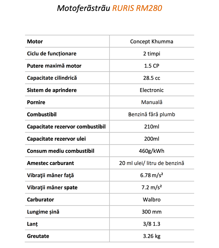 Drujba pe benzina Ruris RM280, putere 1.5 CP 28.5 CC, motor 2 timpi, lungime sina 30 cm, lant 3/8” 1.3 PM