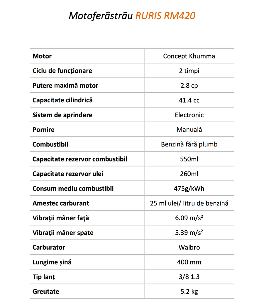 Drujba pe benzina Ruris RM420, putere 2.8 CP 45.4 CC, motor 2 timpi, lungime sina 40 cm, lant 3/8” 1.3 PM
