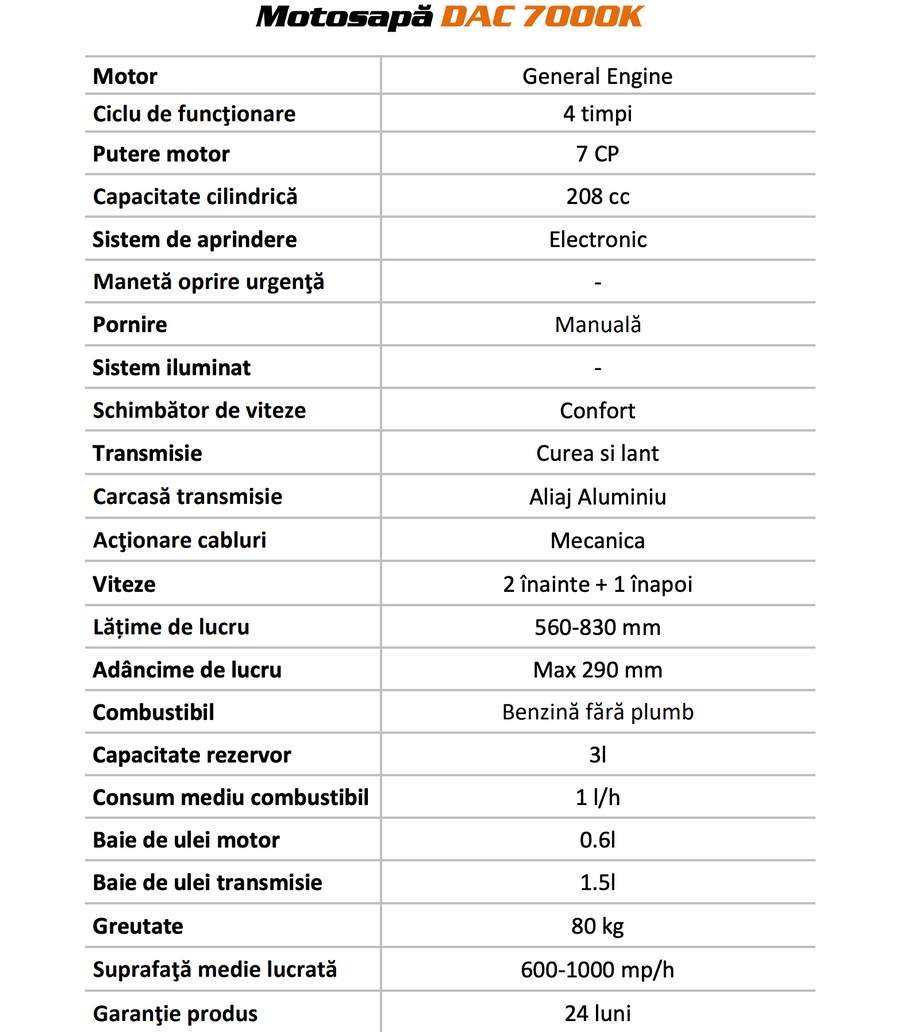Motosapă pe benzină Ruris DAC 7000K, putere 7 CP 208 CC, motor 4 timpi, lățime lucru 83 cm, freze