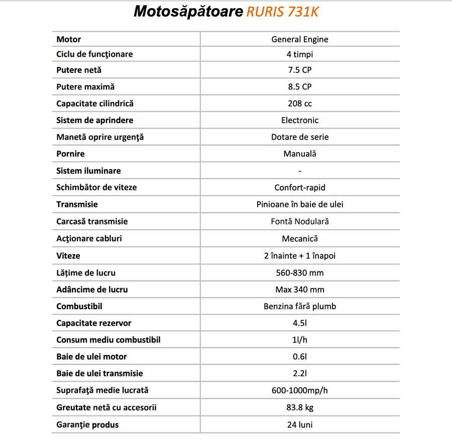 Motosăpătoare pe benzină Ruris 731K, putere 8.5 CP 208 CC, motor 4 timpi, lățime lucru 83 cm, freze + roți 500 x 8