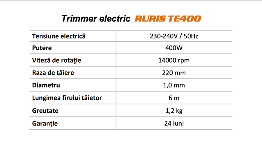 Trimmer electric Ruris TE400, putere 400 W, motor electric, lățime tăiere 22 cm, cap tăietor cu fir