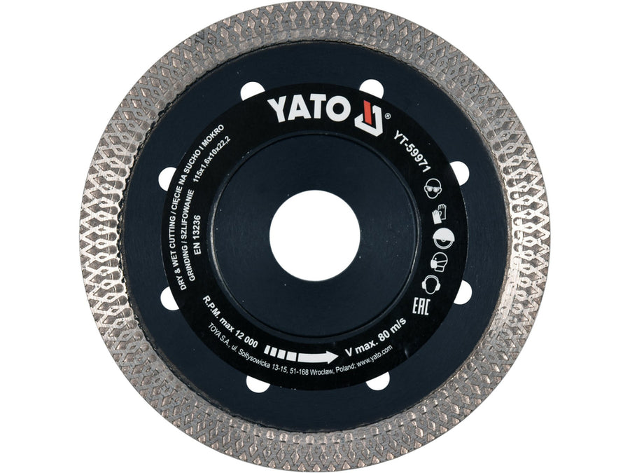 Disc diamantat pentru tăiere și șlefuire gresie/ceramică, 115 x 22.2 x 1.6 mm, Yato YT-59971